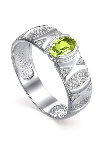 Silver Ring With Bright Chrysolite And White Crystals, Ring Size: 8 / 18, image 