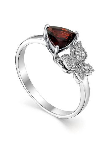 Silver Ring With Crystal Butterfly And Deep Red Garnet Centerstone, Ring Size: 8.5 / 18.5, image 