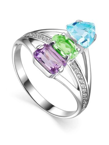 Silver Cocktail Ring With Multicolor Crystals, Ring Size: 7 / 17.5, image 