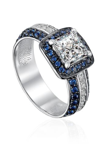 Silver Statement Ring With Blue and White Crystals, Ring Size: 7 / 17.5, image 