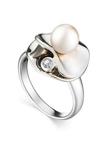 Silver Cocktail Ring With Cultured Pearl And Crystal The Serene, Ring Size: 7 / 17.5, image 