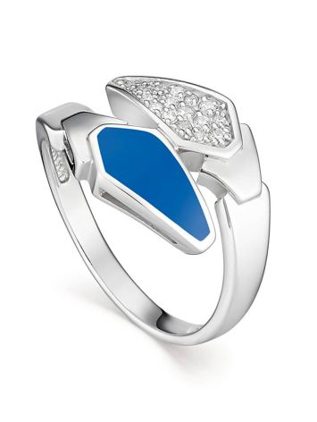 Silver Ring With Blue Enamel And White Crystals, Ring Size: 6 / 16.5, image 