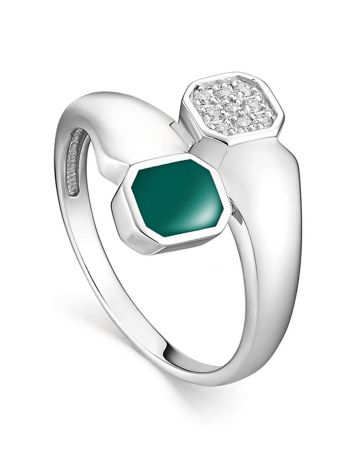 Silver Ring With White Crystals And Green Enamel, Ring Size: 8 / 18, image 