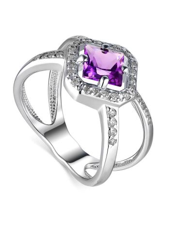 Silver Statement Ring With Square Amethyst And Crystals, Ring Size: 7 / 17.5, image 