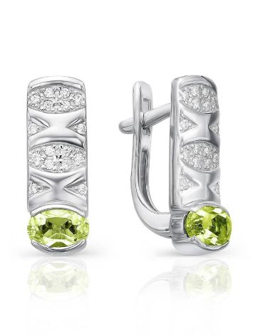 Silver Earrings With Chrysolite Centerstones And Crystals, image 