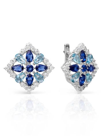 Geometric Silver Earrings With Multicolor Crystals, image 