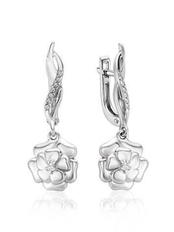 Silver Floral Dangles With Crystals, image 