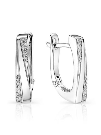 Geometric Silver Earrings With Crystal Rows, image 