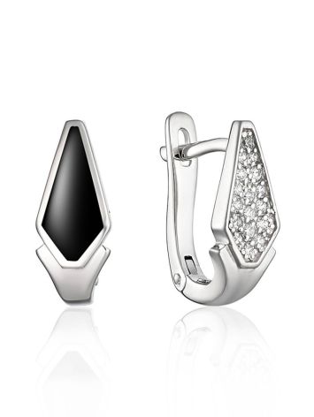 Designer Silver Earrings With Black Enamel And Crystals, image 