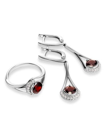 Refined Silver Ring With Garnet And Crystals, Ring Size: 7 / 17.5, image , picture 4