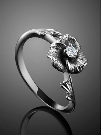 White Gold Floral Ring With Diamond Centerstone, Ring Size: 5.5 / 16, image , picture 2