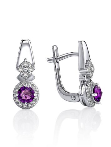 Classy Silver Earrings WithAmethyst Centerstones And Crystals, image 
