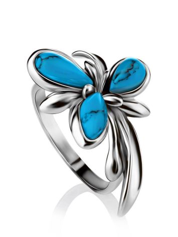 Silver Floral Ring With Reconstructed Turquoise, Ring Size: 6 / 16.5, image 