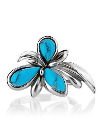 Silver Floral Ring With Reconstructed Turquoise, Ring Size: 6 / 16.5, image , picture 4