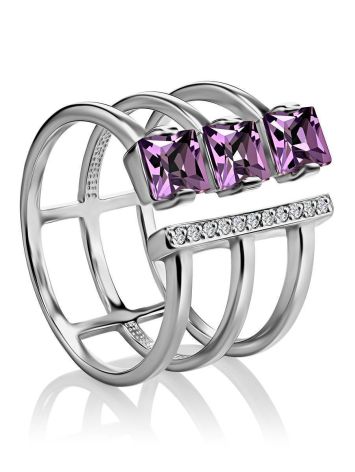 Silver Amethyst Open Ring With Crystals, Ring Size: 8 / 18, image 