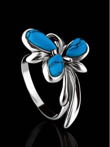 Silver Floral Ring With Reconstructed Turquoise, Ring Size: 6 / 16.5, image , picture 2
