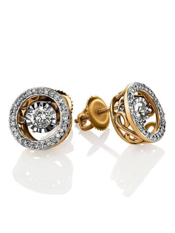 Golden Stud Earrings With Dancing Diamonds, image 