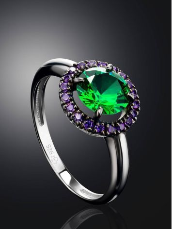 Silver Ring With Round Synthetic Emerald Centerstone And Purple Crystals, Ring Size: 8.5 / 18.5, image , picture 2