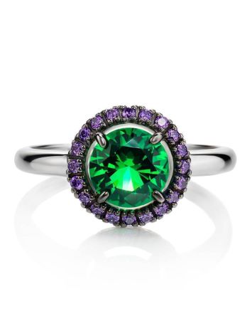 Silver Ring With Round Synthetic Emerald Centerstone And Purple Crystals, Ring Size: 8.5 / 18.5, image , picture 4
