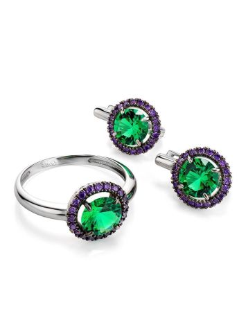 Silver Ring With Round Synthetic Emerald Centerstone And Purple Crystals, Ring Size: 8.5 / 18.5, image , picture 5