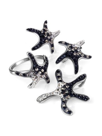 Silver Starfish Ring With Black And White Crystals The Jungle, Ring Size: 9 / 19, image , picture 5