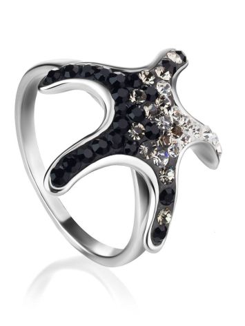 Silver Starfish Ring With Black And White Crystals The Jungle, Ring Size: 9 / 19, image 