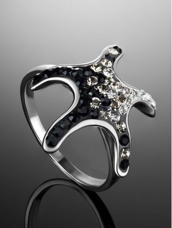 Silver Starfish Ring With Black And White Crystals The Jungle, Ring Size: 9 / 19, image , picture 2