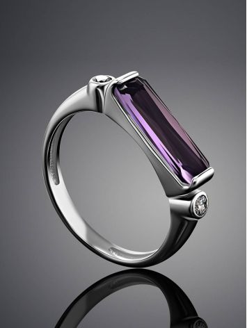 Geometric Silver Ring With Synthetic Amethyst And Crystals, Ring Size: 9 / 19, image , picture 2