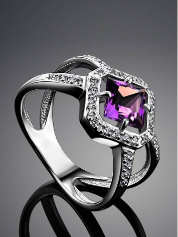 Silver Statement Ring With Square Amethyst And Crystals, Ring Size: 7 / 17.5, image , picture 2