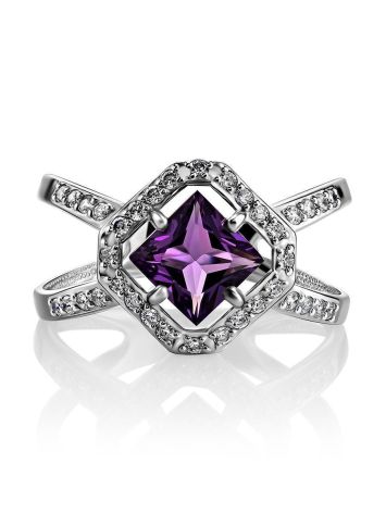 Silver Statement Ring With Square Amethyst And Crystals, Ring Size: 7 / 17.5, image , picture 3