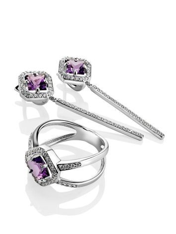 Silver Statement Ring With Square Amethyst And Crystals, Ring Size: 7 / 17.5, image , picture 4