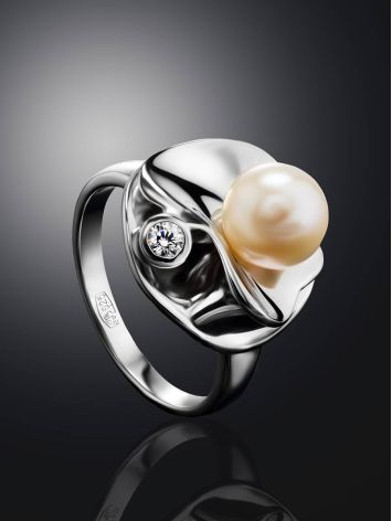 Silver Cocktail Ring With Cultured Pearl And Crystal The Serene, Ring Size: 7 / 17.5, image , picture 2