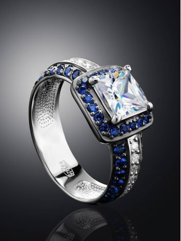 Silver Statement Ring With Blue and White Crystals, Ring Size: 7 / 17.5, image , picture 2