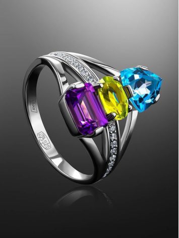 Silver Cocktail Ring With Multicolor Crystals, Ring Size: 7 / 17.5, image , picture 2