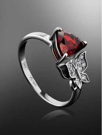 Silver Ring With Crystal Butterfly And Deep Red Garnet Centerstone, Ring Size: 8.5 / 18.5, image , picture 2