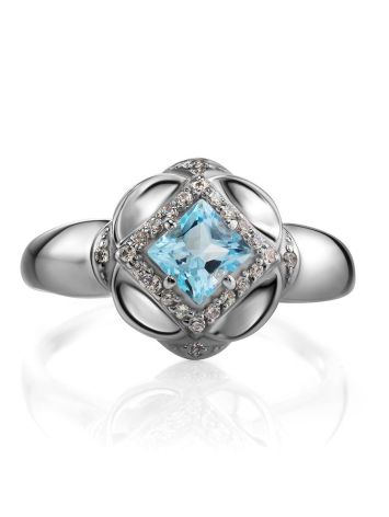 Floral Ring With Synthetic Topaz Centerstone And White Crystals, Ring Size: 6.5 / 17, image , picture 3