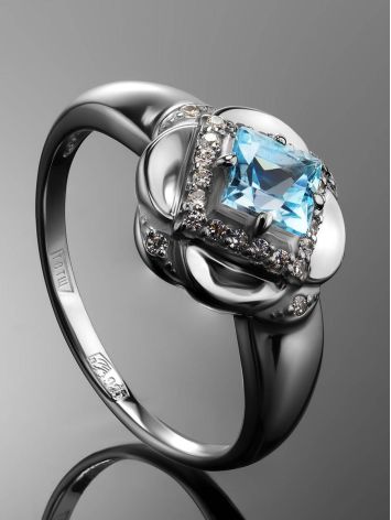 Floral Ring With Synthetic Topaz Centerstone And White Crystals, Ring Size: 6.5 / 17, image , picture 2