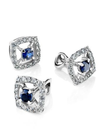 Square Golden Studs With Sapphire Centerstone And Diamonds The Mermaid, image , picture 3
