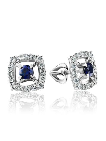 Square Golden Studs With Sapphire Centerstone And Diamonds The Mermaid, image 