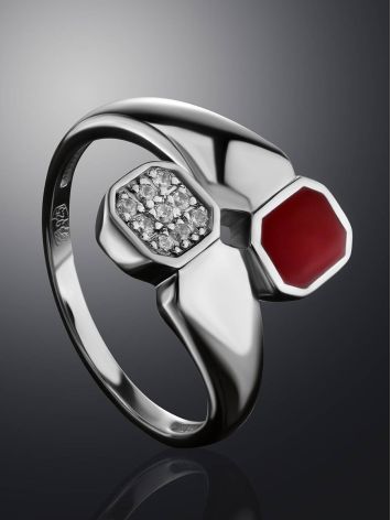 Silver Ring With Red Enamel And White Crystals, Ring Size: 6.5 / 17, image , picture 2