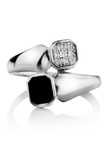 Silver Ring With Black Enamel And White Crystals, Ring Size: 6.5 / 17, image , picture 3