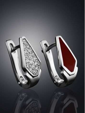 Red Enamel and Crystal Silver Earrings, image , picture 2