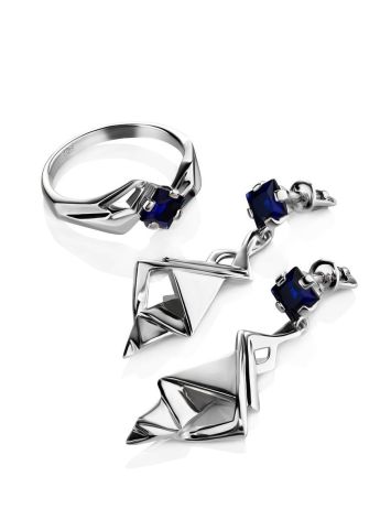Geometric Silver Ring With Synthetic Sapphire, Ring Size: 8 / 18, image , picture 4