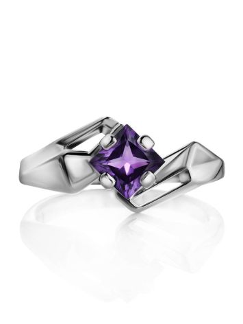 Geometric Silver Ring With Square Amethyst Centerstone, Ring Size: 6.5 / 17, image , picture 4