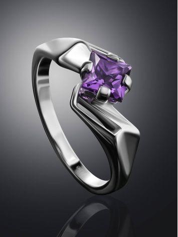 Geometric Silver Ring With Square Amethyst Centerstone, Ring Size: 6.5 / 17, image , picture 2