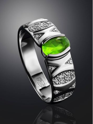Silver Ring With Bright Chrysolite And White Crystals, Ring Size: 8 / 18, image , picture 2