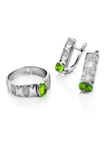 Silver Ring With Bright Chrysolite And White Crystals, Ring Size: 8 / 18, image , picture 4