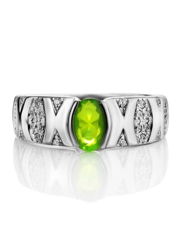 Silver Ring With Bright Chrysolite And White Crystals, Ring Size: 8 / 18, image , picture 3