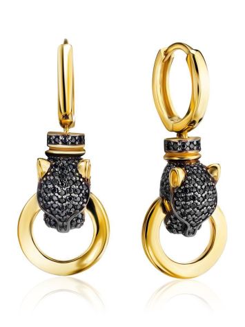 Designer Golden Panther Earrings With Crystals, image 