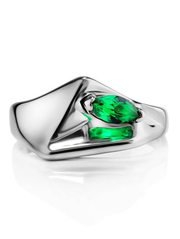 Silver Ring With Bright Synthetic Emerald Centerstone, Ring Size: 7 / 17.5, image , picture 3